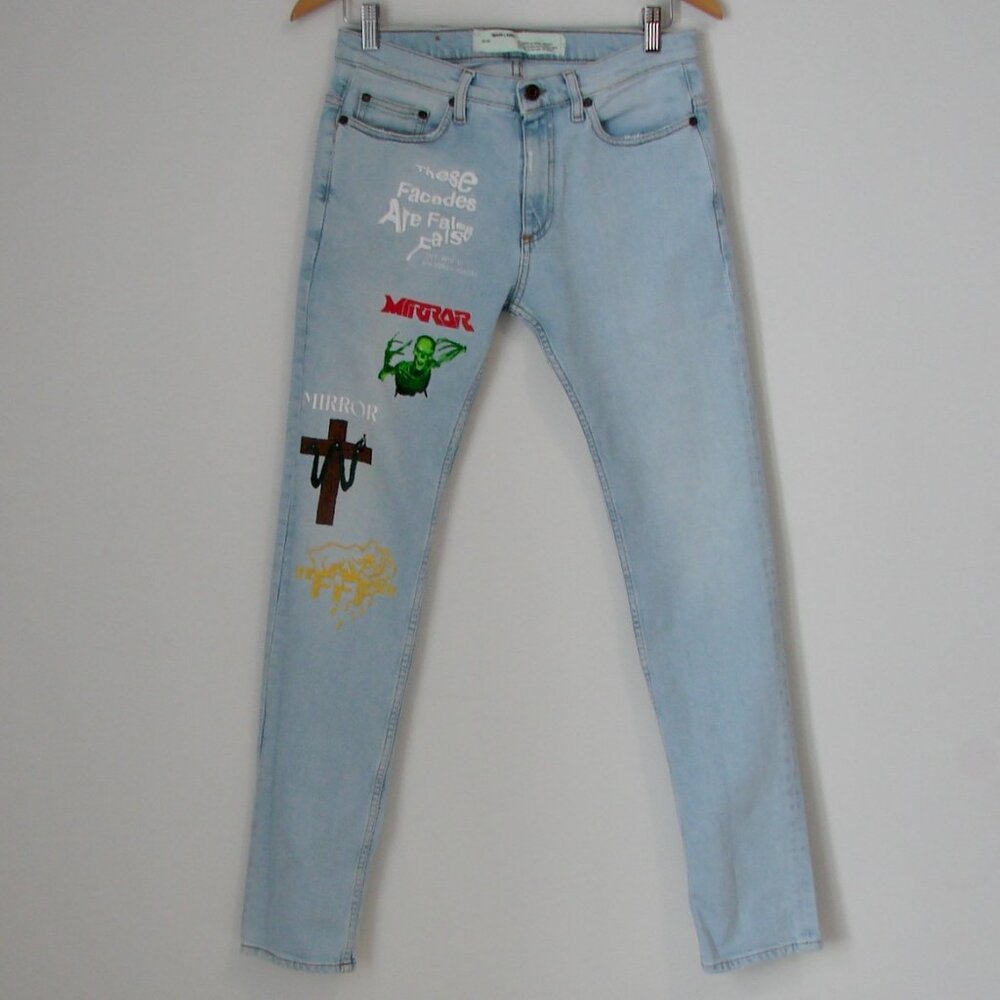 Off-White Light Blue Skinny Jeans with Multicolor Graphics